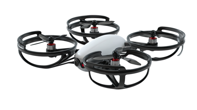 Quadcopter drone, white body, dark gray frame, rotors