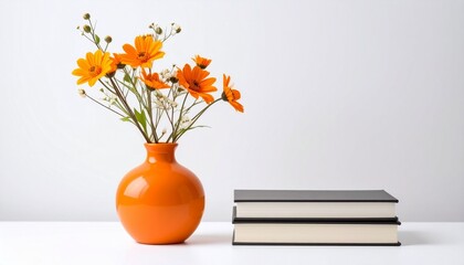 Bright orange vase with a bouquet of vibrant orange daisies and small white blossoms, placed beside two stacked hardcover books on a white background for a clean, cozy, and visually balanced  © Stock Horizon