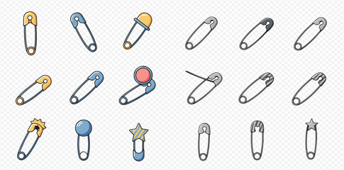 Collection of colorful and monochrome safety pin illustrations, various designs and styles.