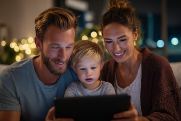 Happy family enjoying quality time together while watching a tablet at home in the evening