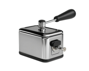 Chrome control box with a lever handle.  Compact, metallic device with a long lever.  Sleek, industrial design.  Shows a switch mechanism
