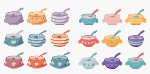 Collection of colorful bowls with spoons, filled with creamy substance, various patterns.