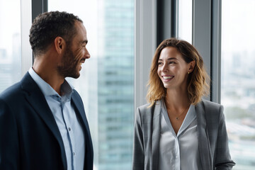 Two smiling business professionals having a friendly conversation in a modern office with city view