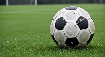 Fototapeta premium Soccer ball on green grass field, ready for a game.