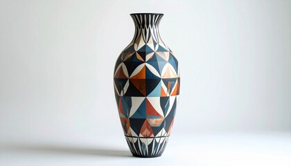 Tall ceramic vase with a narrow neck and wide body, wrapped in symmetrical geometric patterns of triangles and polygons in dark blue, white, red, and orange, set against a light background for a vibra