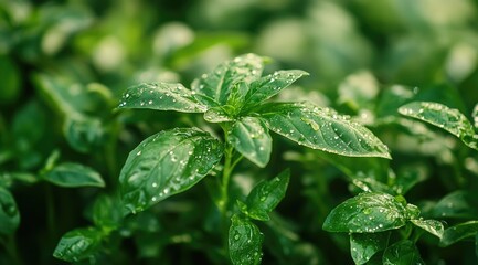 Close-up of dewy basil leaves