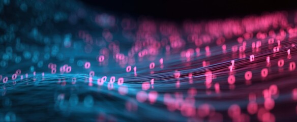 The Digital Wave of Glowing Binary Stream Over Futuristic Blue and Pink Background