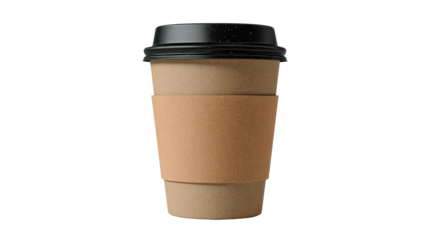 A disposable coffee cup, light brown paper, black lid, beige sleeve