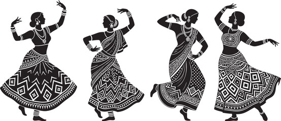 Elegant silhouette dancers celebrating cultural traditions with graceful movements in monochrome illustration, perfect for promoting vibrant heritage events