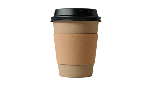 A disposable coffee cup, light brown paper, black lid, beige sleeve