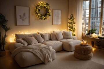 Fototapeta premium Modern Living Room with Subtle Holiday Decor, Fairy Lights and Wreath, Elegant Seasonal Lifestyle Setting