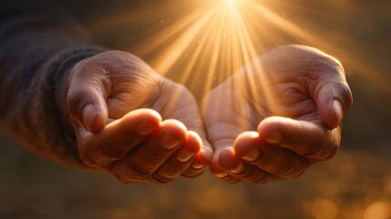 Peaceful hands receiving sunlight rays in a tranquil outdoor setting for meditation and serenity
