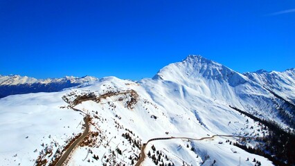Jaufenpass, South Tyrol - Italy - Aerial view of the snow-covered pass