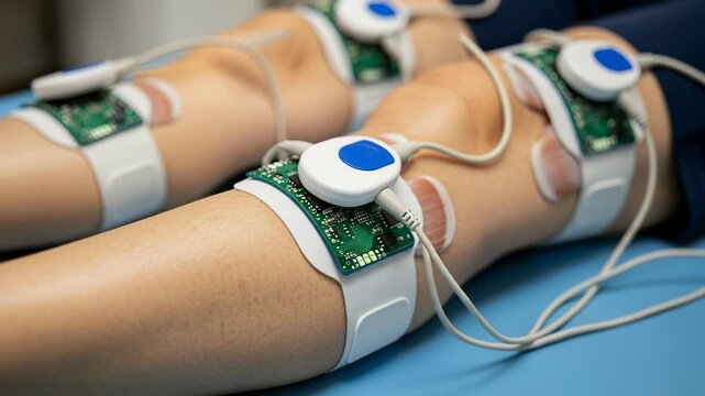 Rehabilitation session with electrical muscle stimulation pads for leg muscle activation.
