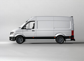 Side view of a modern white cargo van parked in a studio setting