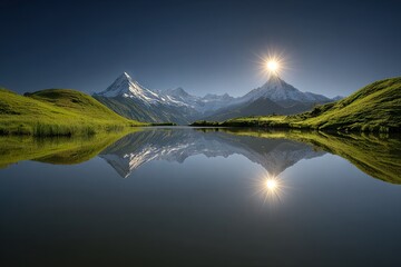 Majestic mountains reflected in a serene alpine lake at sunrise
