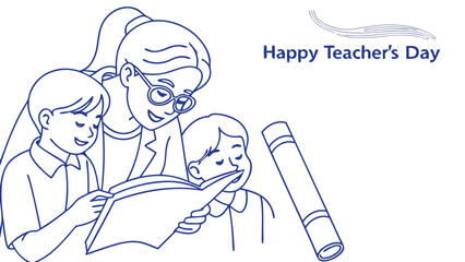 Vector art of teacher reading a book to two students, happy teachers day