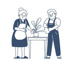 Doodle old woman planting. Happy senior couple taking care of flower in home garden. Joint leisure and activities for elderly, grandparents recent vector scene