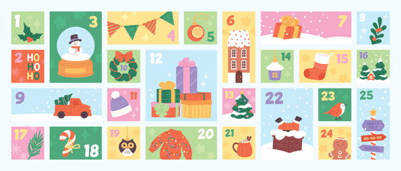 Advent calendar template. Christmas countdown for children and adult, childish tiny presents. Holiday decorations, clothes, racy vector elements