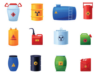 Toxic containers. Metal and plastic canisters and barrels with chemical liquid substance. Flammable elements, container for storage, nowaday vector set