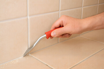 Hand cleaning tile grout with metal scraper in bathroom, home maintenance repair task concept, removing dirt mold from ceramic surface, household hygiene improvement, renovation care process, domestic