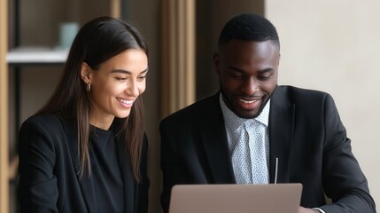 Happy diverse business professionals smiling while reviewing work on laptop in modern office, young woman and man in formal attire collaborating on project in corporate environment