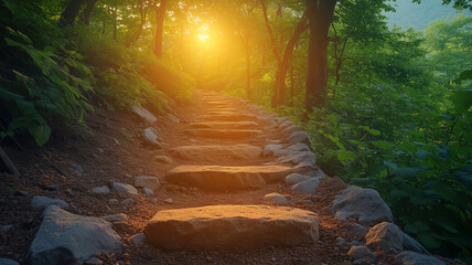 Serene stone pathway illuminated by sunset in lush forest