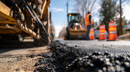 Road construction work with asphalt being laid on street