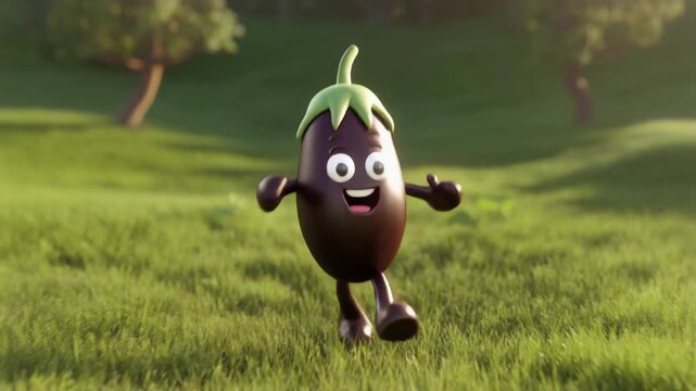 草原を走るキュートなナスのキャラクター