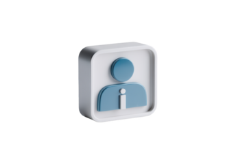 3D avatar icon, blue figure in a white square, information symbol present, simple design