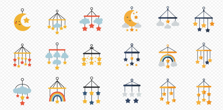 Collection of cute baby mobile designs featuring stars, moons, clouds, and rainbows.