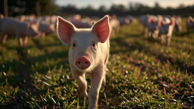 Pig running on field surrounded by other pigs in sunlight  