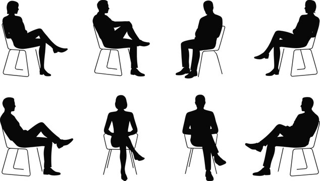 Silhouettes of men and women sitting on chairs, casual seated pose, people resting, black vector illustration for office, meeting, or waiting concept.