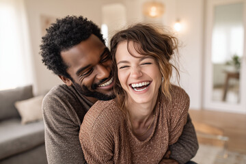 Obraz premium Happy young interracial couple laughing and hugging in cozy living room enjoying intimate moment together