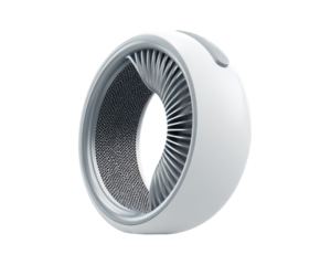 Abstract, white, circular device with radiating vanes.  A futuristic, minimalist design.  Inner ring textured.  3D render