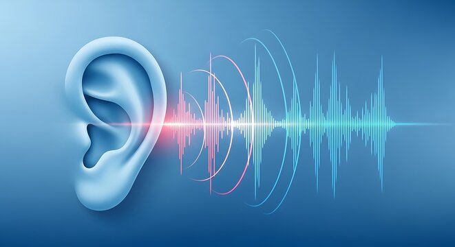 A detailed representation of an ear receiving sound waves, showcasing the concept of sound perception.