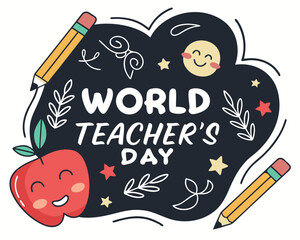 Vector art of happy world teachers day message with cartoon apple and pencils