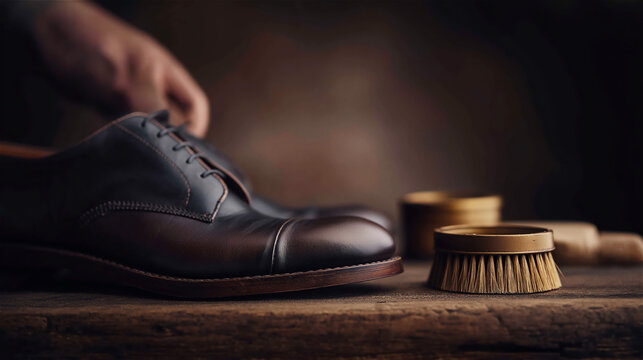 Polished leather shoes with brush and polish on wooden surface, concept of craftsmanship, fashion, footwear care and traditional quality in leather industry. - Powered by Adobe