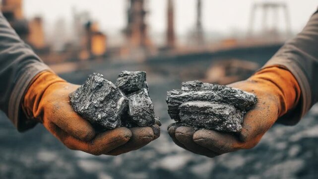 Coal Samples in Hand: A worker's hands cradle pieces of coal, demonstrating their geological texture. This close-up captures an essential aspect of industry and mining.