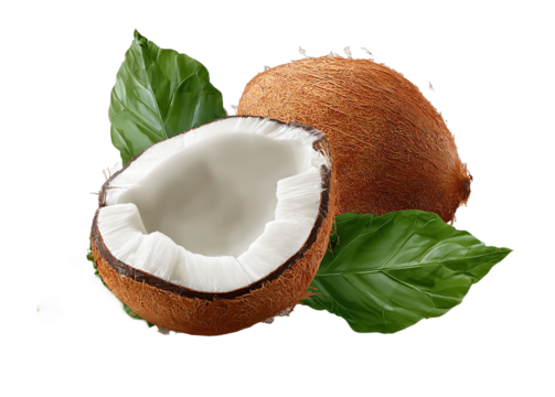 Realistic Coconut with Green Leaves, Half and Whole Tropical Fruit PNG Isolated
