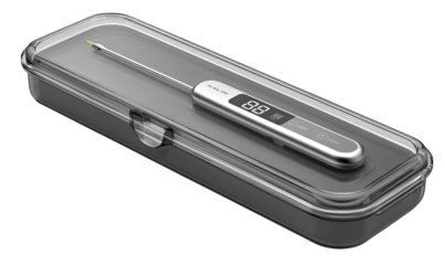 Gray digital thermometer in clear plastic case