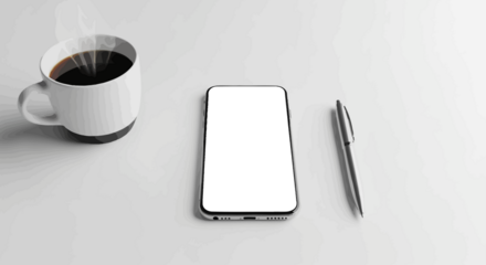 A white mug filled with steaming black coffee sits next to a smartphone with a blank screen and a pen on a white surface.