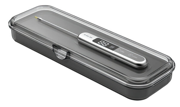 Gray digital thermometer in clear plastic case