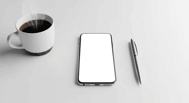 A white mug filled with steaming black coffee sits next to a smartphone with a blank screen and a pen on a white surface.
