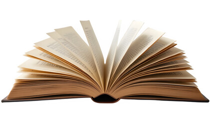 Opened hardcover book with turning pages, isolated on transparent PNG background