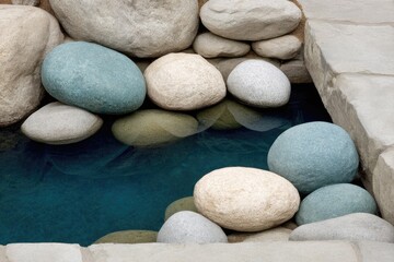 Smooth stones, teal water, nestled in a shallow stone basin