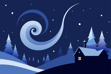 Fototapeta premium A beautiful winter landscape illustration with a cozy village house scene under a snowy night sky