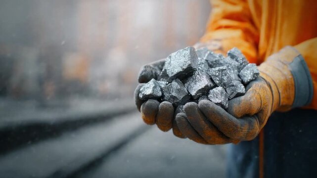 The Precious Handful: Hands of a worker gently cupping a pile of raw metal stones, illustrating industry and labor in a controlled outdoor setting.