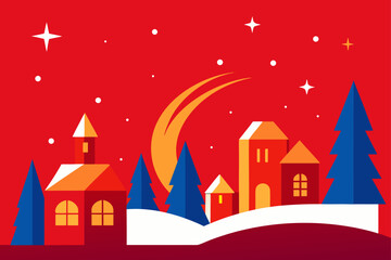 Fototapeta premium Vector illustration of a festive winter landscape with a cozy village under a starry night sky