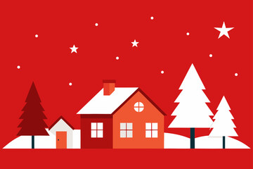 Winter wonderland landscape illustration with a decorated Christmas tree and house, perfect for a festive holiday greeting card